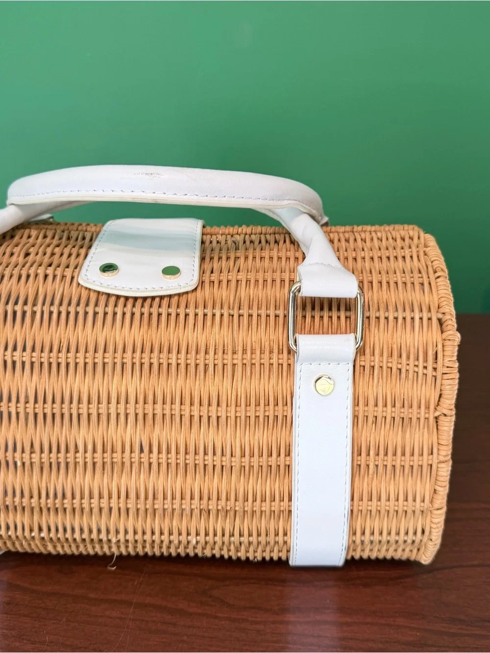 Vintage Style Wicker Rattan Box Handbag White Trim Gold Hardware